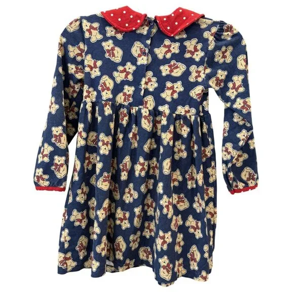 Buster Brown Girls 6X Teddy Bear Dress With Pockets Navy & Red Polka Dot Collar - Picture 4 of 6